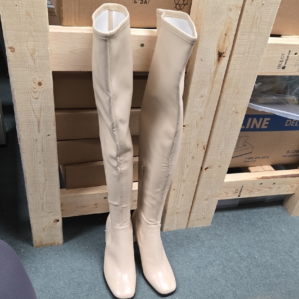 Open Edit Size 7.5 Cream Faux Leather Over-The-Knee Heeled Boots